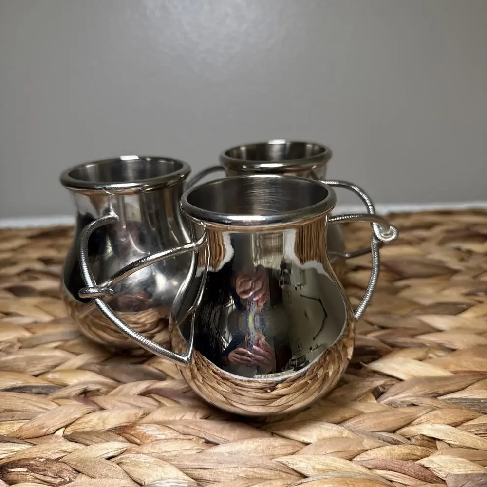 Vtg Set 3 Silver Tone Metal Bud Vases Rigid Intertwined Rope Handles MCM Decor